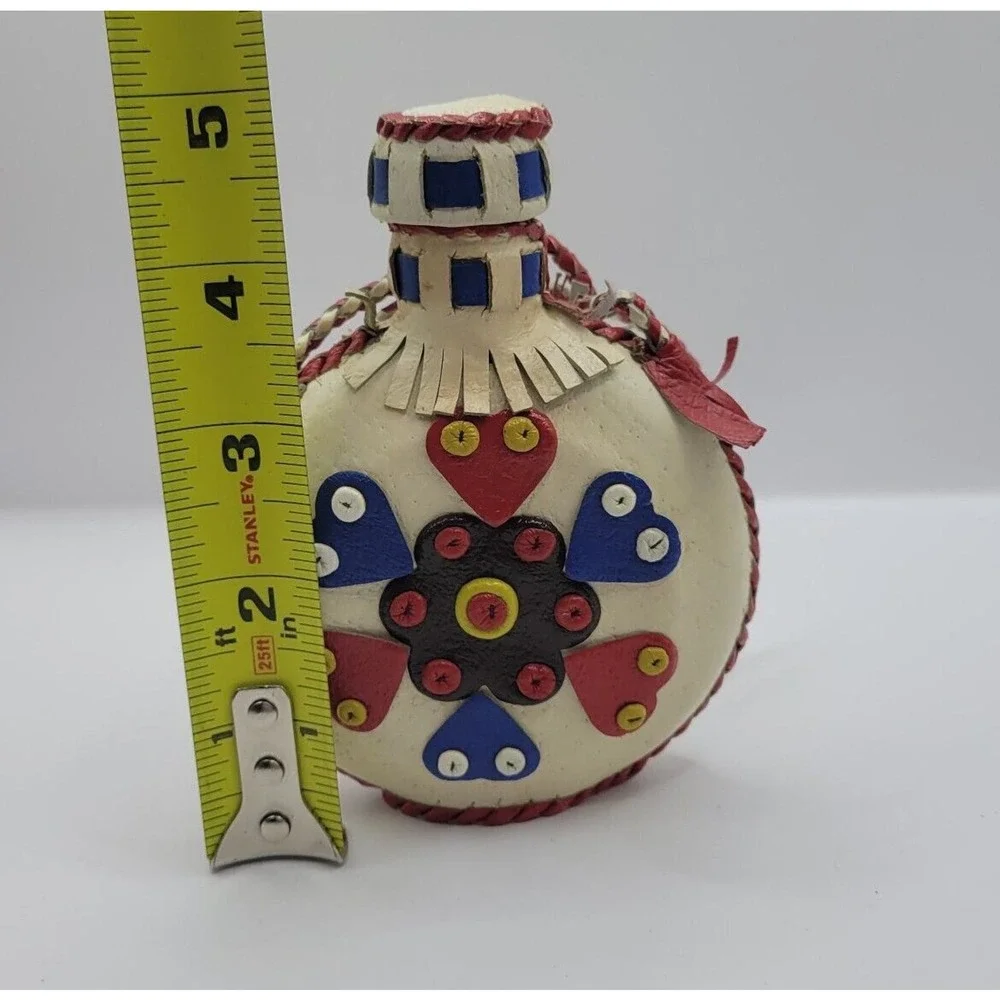 Vintage Folk Art White Red Blue Leather Handmade Covered Bottle Canteen Flask